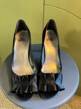 Stuart Weitzman Black Satin Peep-Toe Pumps with Ruffle Bow
